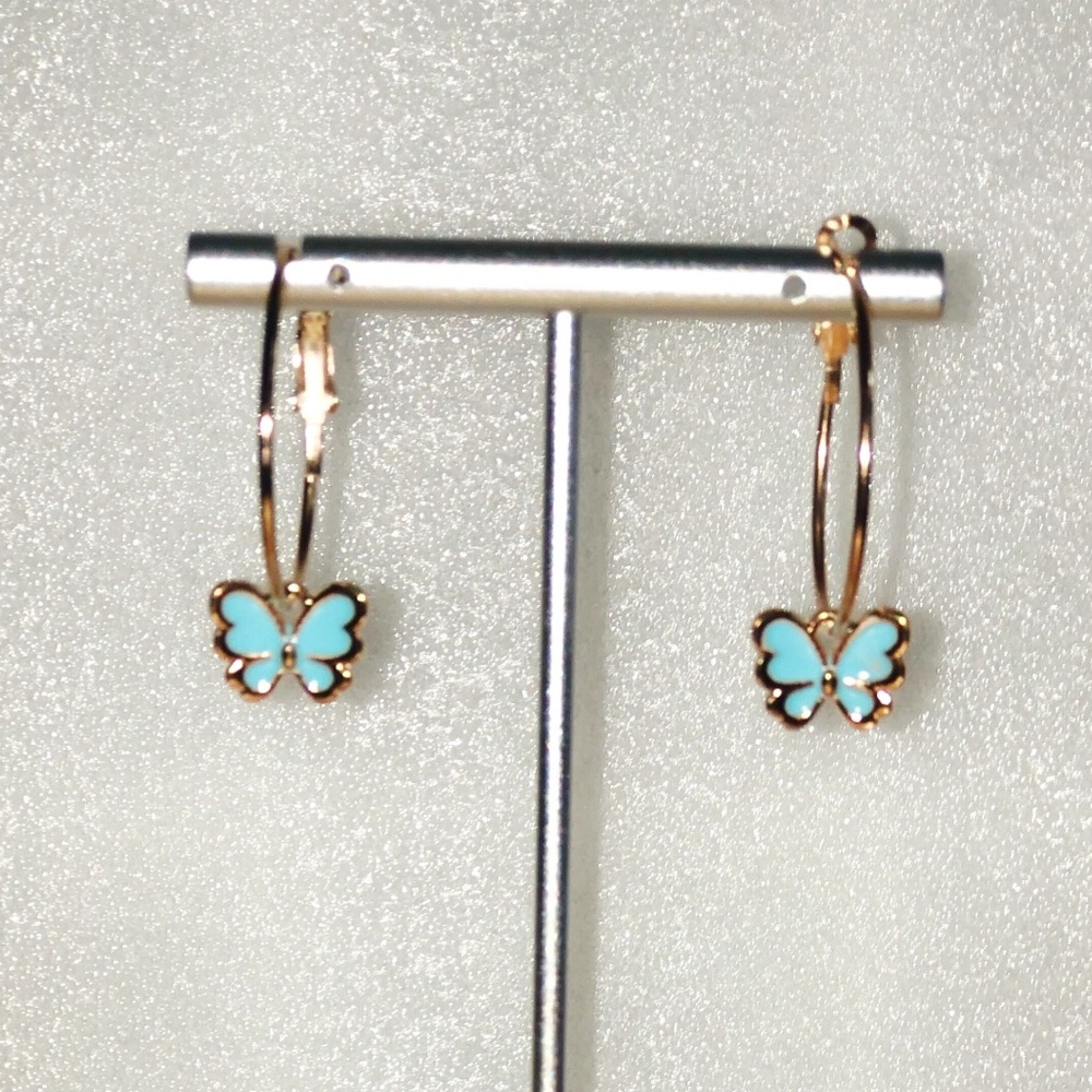 Blue butterfly hoop earrings